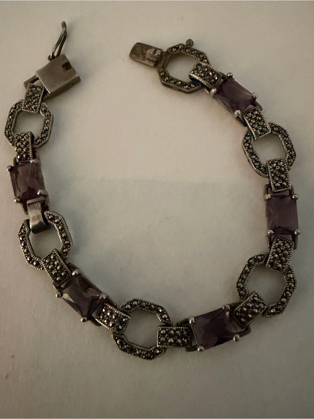 Vintage Vintage Bracelet with Purple Gemstone Links and Marcasite Accents